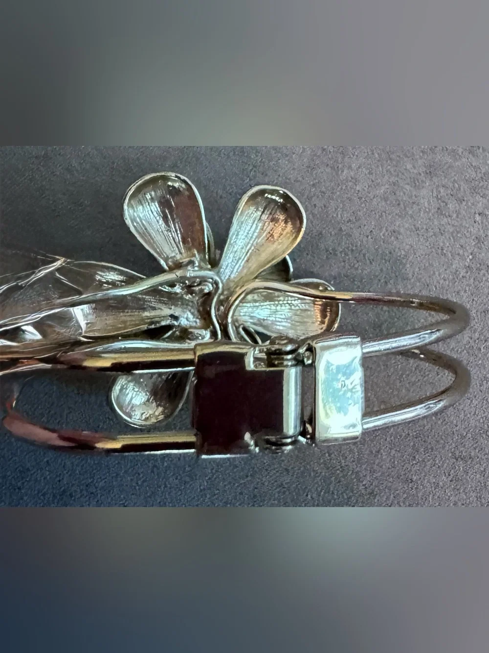 Silver Tone Hinged Floral Bracelet - Shiny Flower Accent